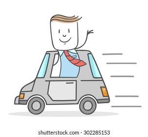 Businessman driving car and waving