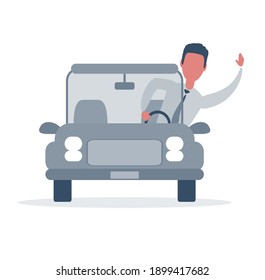 Businessman driving the car and waving to someone. Saying hello. Vector, illustration, flat