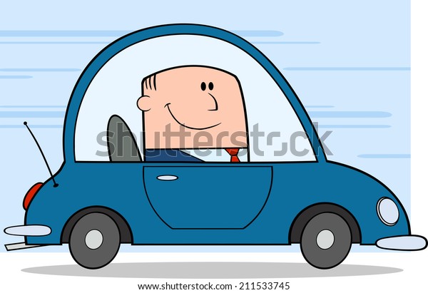 Businessman Driving Car To Work Cartoon\
Character On\
Background