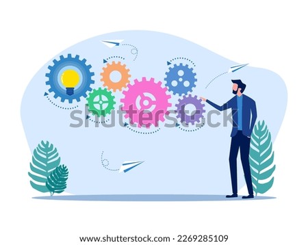 Businessman driving mechanical gear. Implementation of the process. Efficient work system control concept