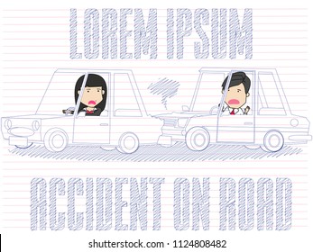 Businessman driving a private car. Car crash of the girl in shock. Funny vector concept.