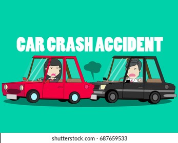 Businessman driving a private car. Car crash of the girl in shock. Funny vector concept.