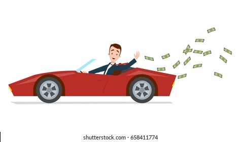 Businessman Driving A Red Sports Car And Throwing Money Away