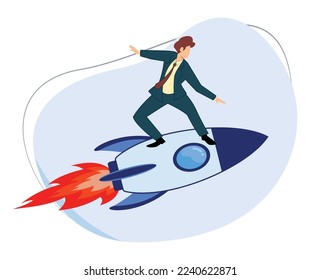 businessman driving rocket confidently. businessman. launching a business. vector illustration of businessman launching a business. successful businessman