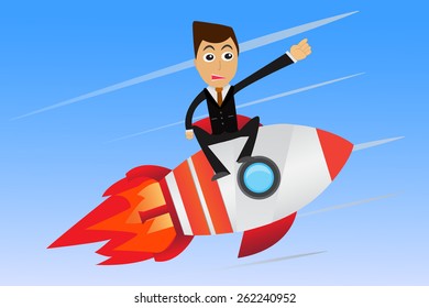 Businessman driving rocket to sky 