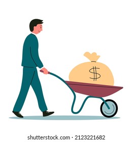 A businessman is driving a wheelbarrow with money. Successful business, investment. Professional manager. Vector flat isolated illustration