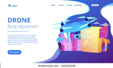 Businessman with drone reading document with regulations. Drone flying regulations, drone use limitations, unmanned aircraft rules concept. Website vibrant violet landing web page template.