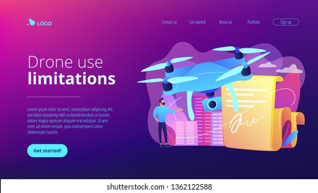 Businessman with drone reading document with regulations. Drone flying regulations, drone use limitations, unmanned aircraft rules concept. Website vibrant violet landing web page template.