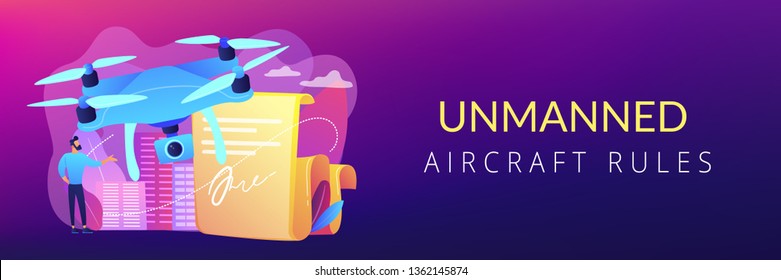 Businessman with drone reading document with regulations. Drone flying regulations, drone use limitations, unmanned aircraft rules concept. Header or footer banner template with copy space.