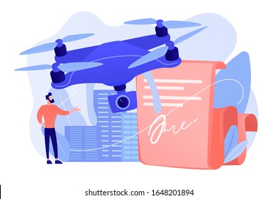 Businessman with drone reading document with regulations. Drone flying regulations, drone use limitations, unmanned aircraft rules concept. Pinkish coral bluevector isolated illustration