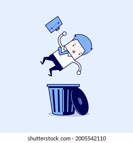 Businessman dropped into trashcan layoff. Cartoon character thin line style vector.