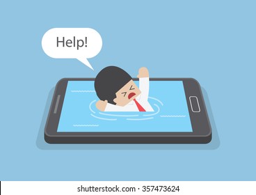 Businessman drowned or sank in the smartphone, Smart phone addiction concept, VECTOR, EPS10