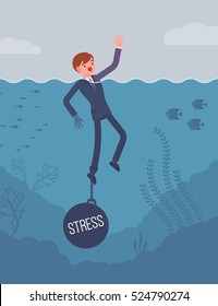 Businessman Drowning Chained With A Weight Stress, Suffering With Alert And Endless Headaches, Poor Family Relationships, Unable To Cope With The Pressures. Cartoon Flat-style Concept Illustration