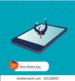Businessman drowning in a digital tablet. Vector illustration Eps10 file. Global colors. Text and Texture in separate layers.