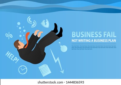 Businessman drowning in his problems. The metaphor of bad business. Flat style modern vector illustration. Concept business problem, stress, fail, deadline or overworked person