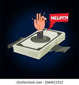 businessman drowning into debt money. money stack with hand of businessman screaming for help. money crisis concept - vector illustration
