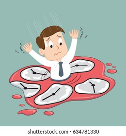 Businessman drowning in many clocks, vector illustration cartoon
