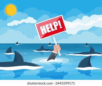 Businessman drowning in the sea with sharks. Mans hand with help sign. Desperate business man against fin. Obstacle on work, financial crisis. Risk management challenge. Flat vector illustration