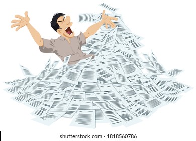 Businessman is drowning in storm from documents. Funny people. 