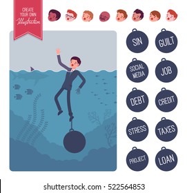 Businessman drowning with a weight creation set. Build your own illustration. Cartoon vector flat-style infographic illustration