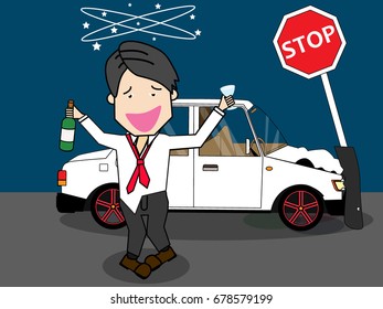 Businessman drunk driving hit traffic signs out off of car with a smile. Funny cartoon vector concept.