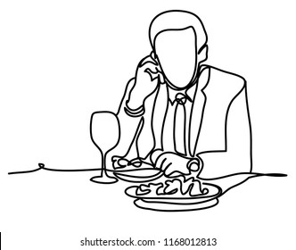 Businessman during lunch time and using mobile phone. Professional vector illustration isolated on white background. Continuous line drawing. Vector, drawing by lines