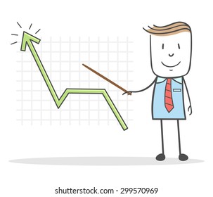 Businessman during a presentation and explain the graph arrows are in the rise , smiling 