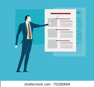 Businessman during the presentation, showing the graphs and the progress.   Business concept illustration