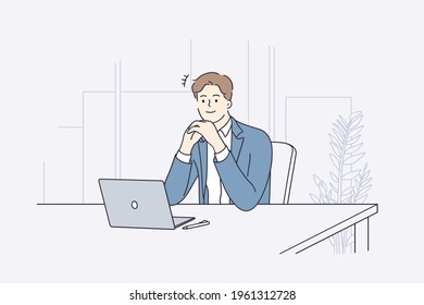 Businessman during work planning concept. Young positive businessman cartoon character sitting at desk deep in thought working on laptop in office vector illustration 