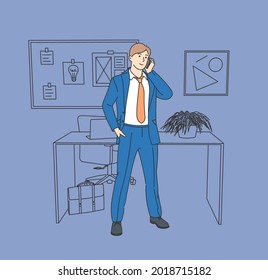 Businessman during work planning. Young businessman office worker standing talking on phone.