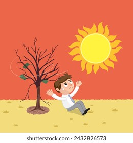 Businessman dying money tree fallen green cash banknotes and sun in hot weather.Businessman dying money tree. Flat, Poster, Vector, Illustration, Cartoon, EPS10.