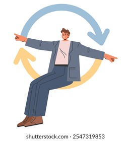 Empresario en pose dinámica con flechas que indican la dirección del flujo de trabajo, transmitiendo la toma de decisiones y el liderazgo. Ilustración vectorial.