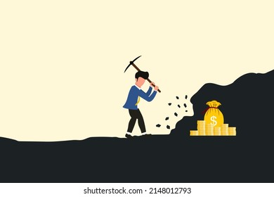 A businessman is eagerly digging the ground for precious treasures and a lot of gold. Ambitious and challenging to succeed in business. Career development and motivation to achieve great goals concept