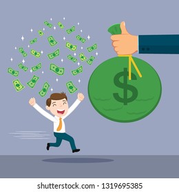 Businessman earn from hand holding bag of money, illustration vector cartoon