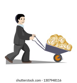 The businessman earned so much money that he had to drive them in a wheelbarrow. 