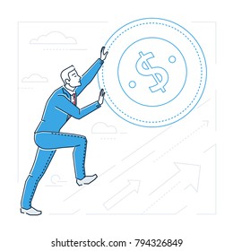 Businessman earning money - line design style isolated illustration on white background. Metaphorical image of a person rolling a dollar coin up the hill. Silhouettes of arrows and clouds