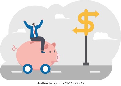 Businessman earning money with piggy bank on wheels,

