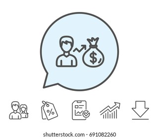 Businessman earnings line icon. Dollar money bag sign. Report, Sale Coupons and Chart line signs. Download, Group icons. Editable stroke. Vector