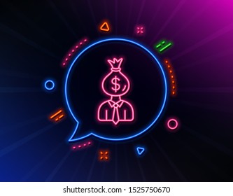 Businessman earnings line icon. Neon laser lights. Dollar money bag sign. Glow laser speech bubble. Neon lights chat bubble. Banner badge with manager icon. Vector