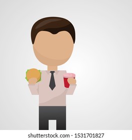 Businessman Eating A Burger - Vector. Businessman Full Size - Isolated On Gray Background. Avatar Cartoon Character Vector. Business Man Eating, Vector Illustration. Business Concept Idea