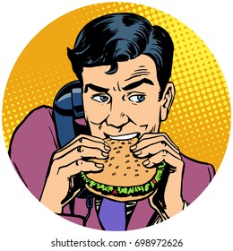 Businessman eating a Burger while talking on the phone. pop art avatar character round icon. retro vector illustration
