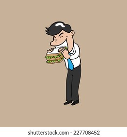 Businessman eating sandwich cartoon vector
