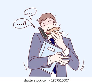 Businessman eating and talking on the phone at the same time, he is busy. Hand drawn in thin line style, vector illustrations.