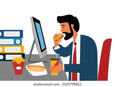 Businessman eating while working in front of computer. Hungry man working in office.