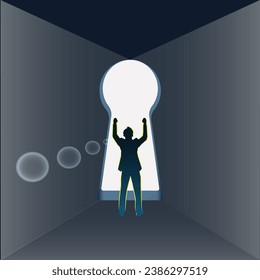 businessman at the edge of an open keyhole. Way to success design concept vector illustration 