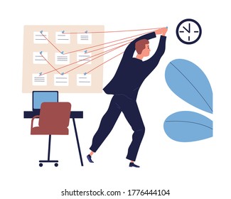 Businessman effective organize workflow vector flat illustration. Male office worker optimization priority tasks to deadline isolated on white. Concept of work schedule planning and time management