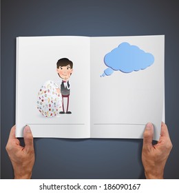 Businessman with egg printed on book. Vector design