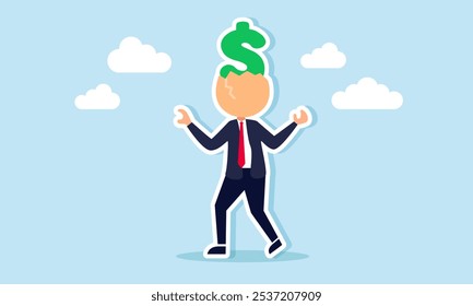 Un hombre de negocios con una cabeza de cáscara de huevo que contiene un signo de dólar, ilustración de un hombre de negocios exitoso en la realización de inversiones comerciales