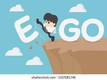 Businessman is an egoist with word ego kicked off the cliff