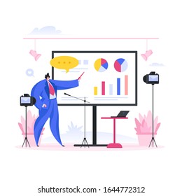 Businessman in elegant formal wear pointing at whiteboard and analyzing financial charts while recording video for business blog during conference. Flat cartoon people vector illustration